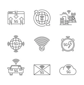 5G wireless technology pixel perfect linear icons set. Car control, data exch Illustrazione stock