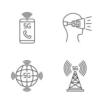 5G wireless technology pixel perfect linear icons set. VR headset. Cell tower Stock Illustration