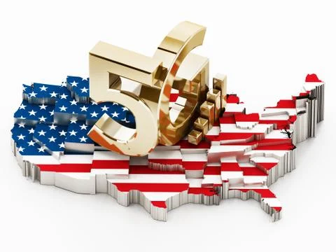 5G word standing on USA map covered with American flag. 3D illustration Stock Illustration