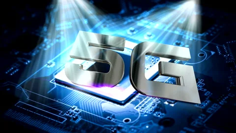 5G words on background of processor in the rays of light. Presentation Stock Footage 160092965