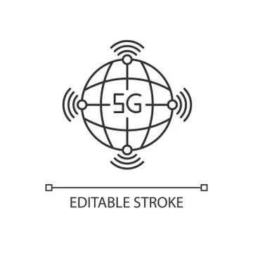 5g worldwide availability pixel perfect linear icon. Global deployment. Wirel Stock Illustration