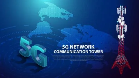 5G worldwide network technology communication antenna tower background Stock Illustration