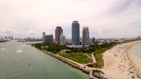 5k aerial pull out shot Miami Beach South Pointe Park Stock Footage 156389874