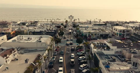 5K Manhattan Beach Drone - Fly Over Downtown Towards Pier Stock Footage 243513789
