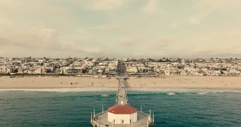 5K Manhattan Beach Drone - Fly Over Pier Towards Downtown Stock Footage 243528296