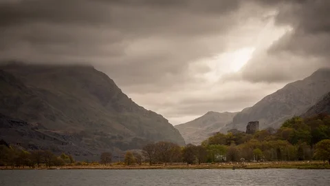 5k time lapse clouds, lake and mountains, Snowdonia, North Wales Stock Footage 109765655