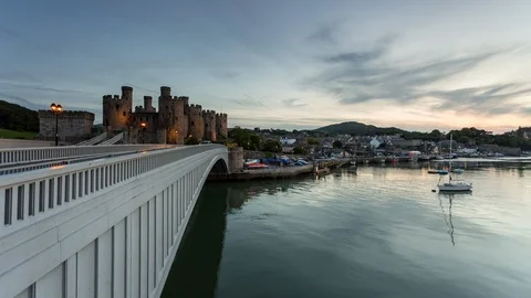 5k time lapse of dusk over Conway castle, North Wales Stock Footage 108801650