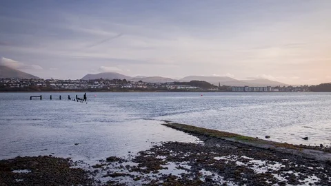 5k time lapse ebbing tide and dusk at the Menai Straits, North Wales coast Stock Footage 108344955