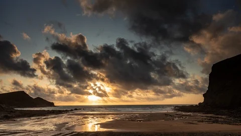 5k time lapse of sunset at Crackington Haven, Cornwall, England Stock Footage 115920505