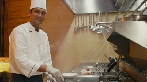 5of27 Asian restaurant with chinese chef cooking food, cook working Stock Footage