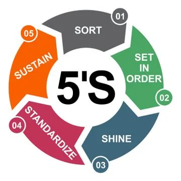 5S process for company. Sort, shine, sustain, standardize, set in order , 5 m 스톡 일러스트