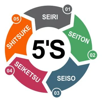 5S process for company. Sort, shine, sustain, standardize, set in order , 5 m 스톡 일러스트