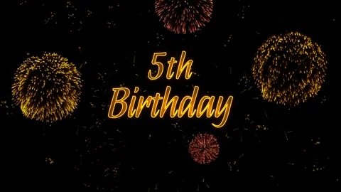 5th Birthday Greeting text with particles, colored fireworks, sparks and stars Stock Footage 99059582