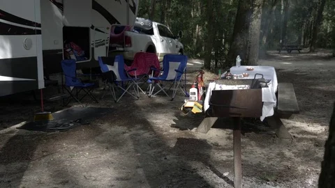 5th Wheel in Background while Food is Grilling Stock Footage 80539565