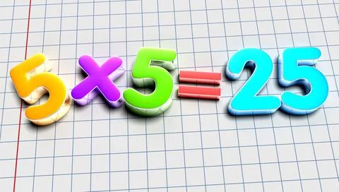5x5 3D illustration placed on table paper. Learning quiz. Illustrazione stock