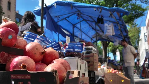 6-14-26, Brooklyn, NY, USA - low angle produce stand on sidewalk Stock Footage 336977682