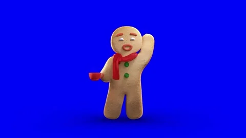 (6 in 1/Loopable) Colorful Gingerbread Man Holding a Hot Drink Greeting Somebody Stock Footage