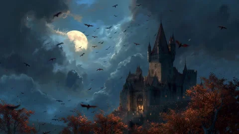 6 46 A haunted castle under a full moon bats flying in the night s e8841826 Stock Footage 318235116