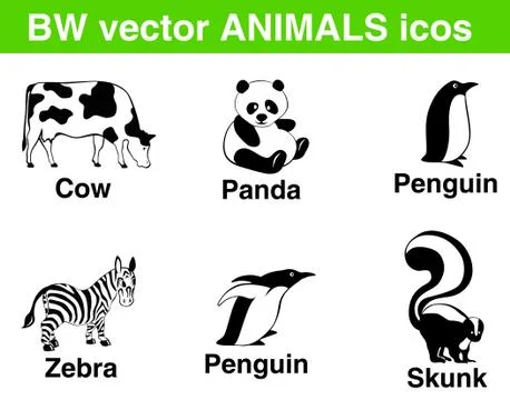 6 b/w vector animals icons. panda, cow, penguin, zebra, skunk in fancy poses. Stock Illustration