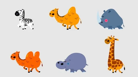 6 cartoon  flat design children animation walking cycle of African animals Stock Footage 122512357
