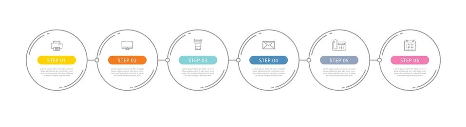 6 circle data step infographics template with thin line design. Vector illust イラスト素材