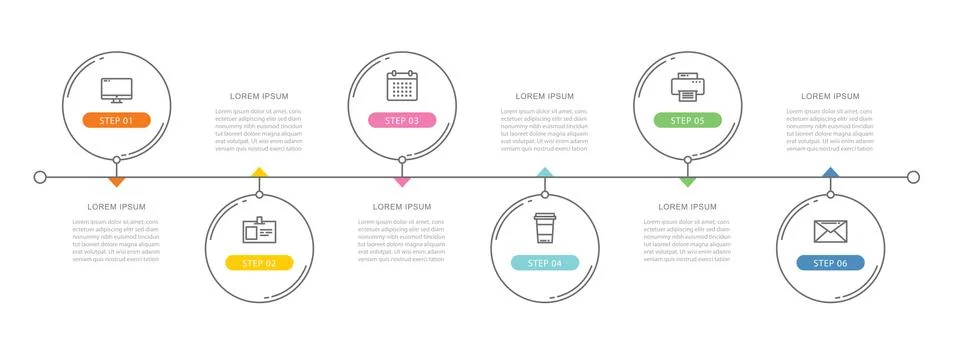 6 circle data timeline infographics template with thin line design. Vector il Stock Illustration