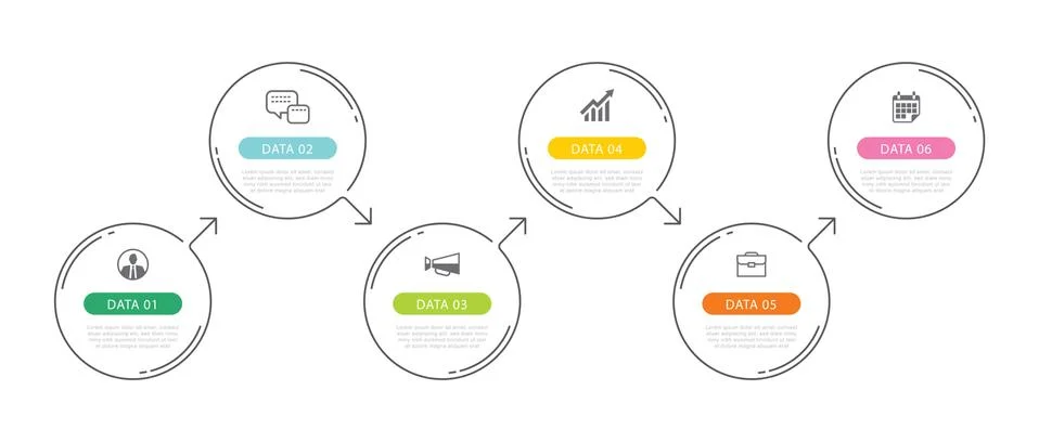6 circle data timeline infographics template with thin line design. Vector il Stock Illustration