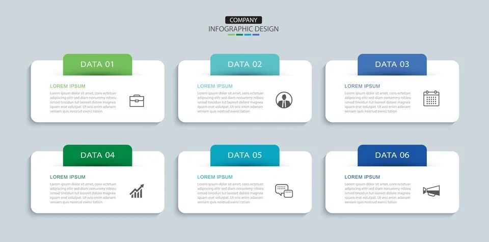 6 data infographics rectangle tab layout template. Illustration business ab.. 스톡 일러스트