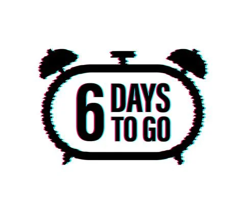 6 Days to go. Countdown timer. Clock icon. Time glitch icon. Count time sale Illustrazione stock