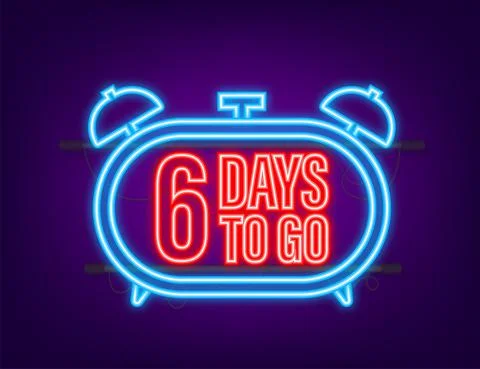6 Days to go. Countdown timer. Neon icon. Time icon. Count time sale. Vector Illustrazione stock