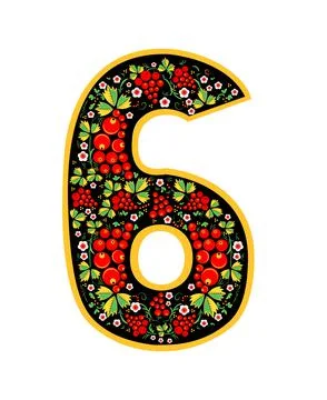 6 Digit character in the Russian style. The style of Khokhloma on the font. A Stock Illustration