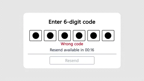 6-digit OTP verification UI loop with resend timer, wrong code, lockout (Alpha) Vídeo Stock 329971147