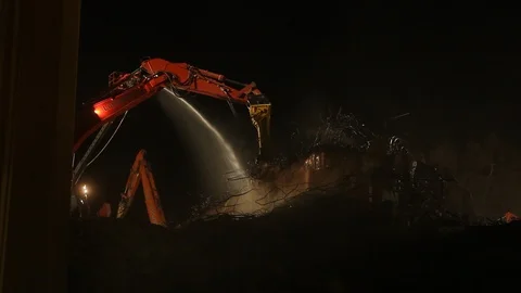6 Feb 2016, Jack hammer cranes demolishing the 6th Street Bridge in Los Angeles Stock Footage 99256818