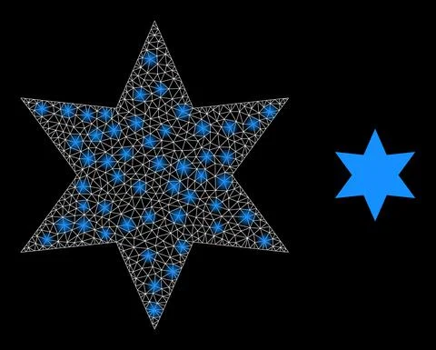 6-Finger Star Icon - Wireframe Mesh with Light Spots Stock Illustration