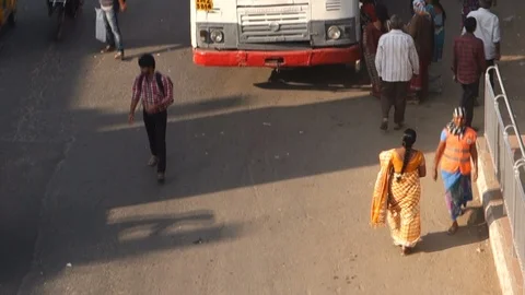 6-High-Angle-View-busy-bus-stop-people-traffic Stock Footage 89420174
