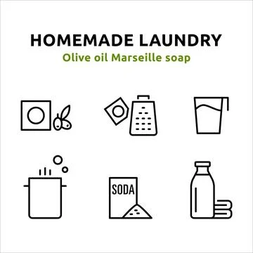 6 icons which stand for the steps for making homemade laundry. Icons design.. Illustrazione stock