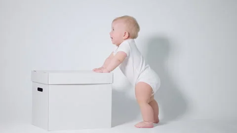 6-month-old Baby learns to stand on his feet and balance. Studio video on a l Video stock 242768676