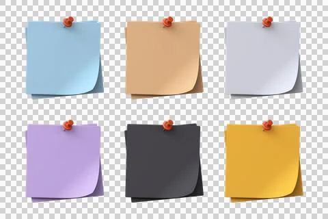 6 multi-colored icons of note paper with red pushpin. 3D paper sticky notes Stock Illustration