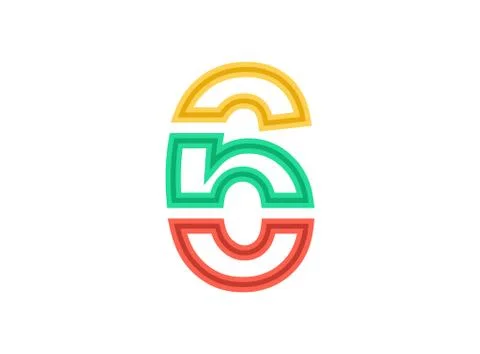 6 number logo, vector outline stroke font. Slice, cut design with red, green, Stock Illustration