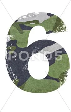 6, number from military fabric texture on white background. Stock Photos