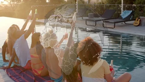 6 pals pool reflections left raising bottle sparking cheers under globe overlay Stock Footage 333894075