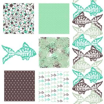 6 patterns with decorative fishes, dots and abstract flowers, design elements Stock Illustration