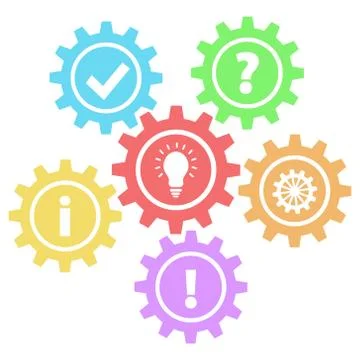 6 Retro Gears Question, Work, Idea, Info, Ok &amp; Answer on white, stock vector Stock Illustration