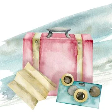 6. Retro summer vacation pink luggage with camera,old map on watercolor spl.. Stock Photos