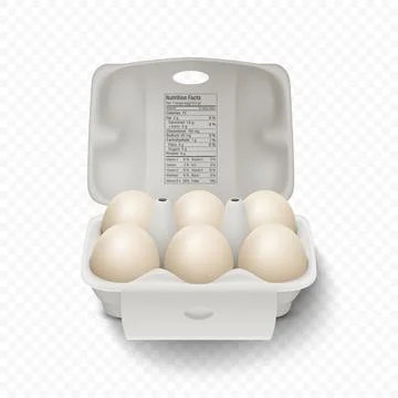 6 Six Vector 3d Realistic White Chicken Eggs in Opened Carton Paper Box Stock Illustration