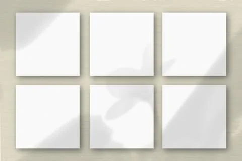 6 square sheets of white textured paper on the grey wall background. Mockup o Stock Illustration