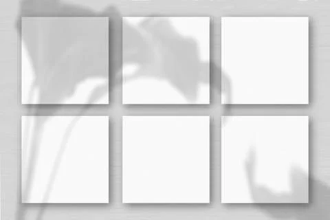 6 square sheets of white textured paper on the grey wall background. Mockup o Stock Illustration