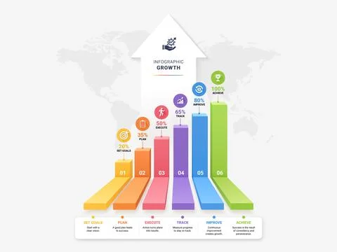 6 Step 3D Growth Staircase Infographic Template with Upward Arrow Vector ll.. Stock Illustration