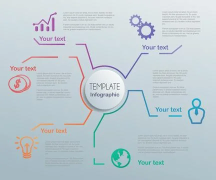 6 Step Central Hub Line Connection Infographic Stock Illustration