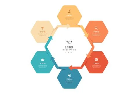 6 Step Hexagon Arrow Cycle Venn diagram infographic template background. Tr.. Illustrazione stock